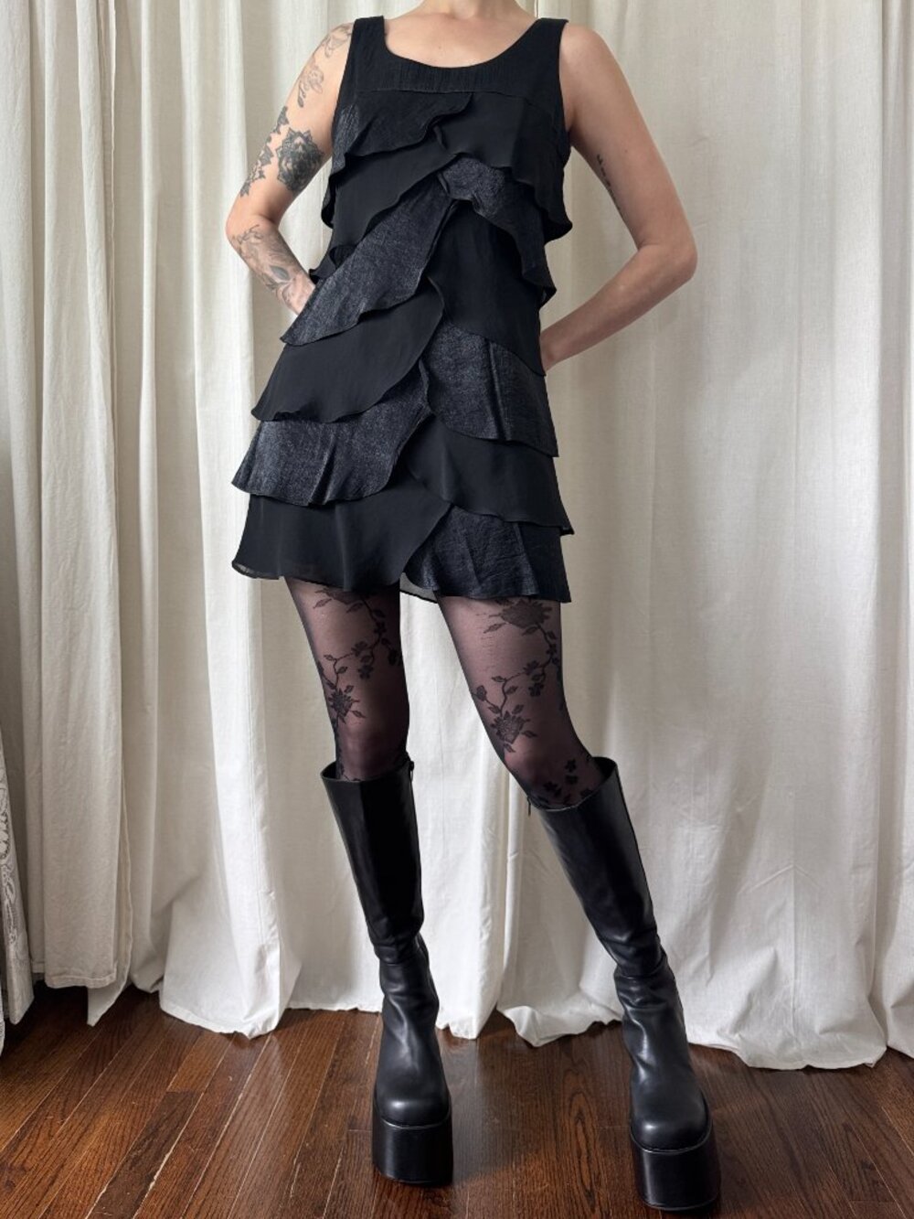 London Times Black Tiered Ruffle Mini Dress Women's Size 8